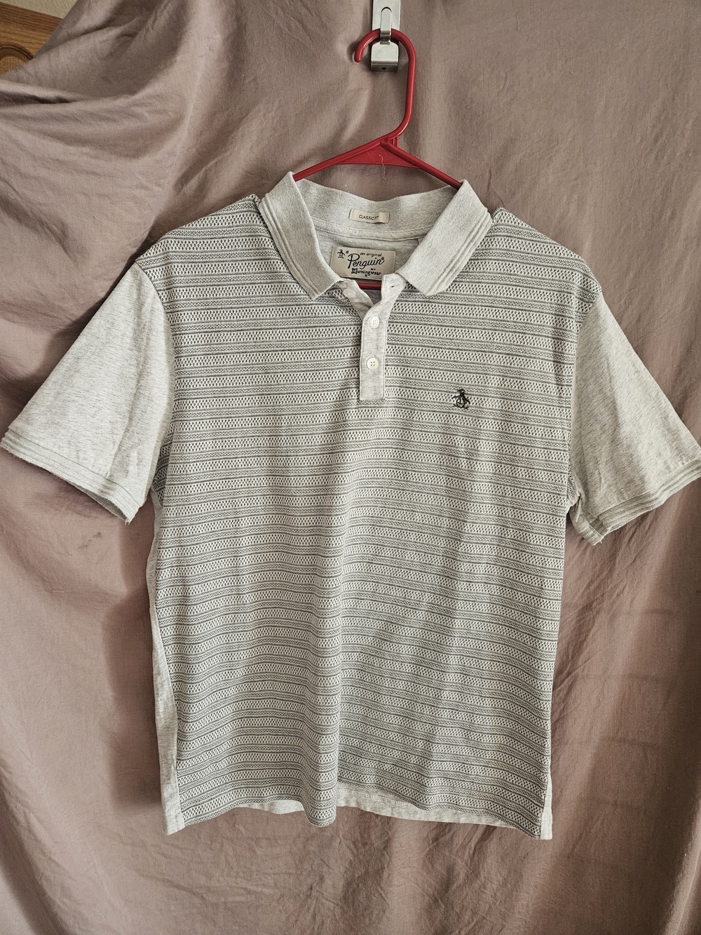 Original Penguin Men's Light Gray Striped Classic Fit Polo Shirt